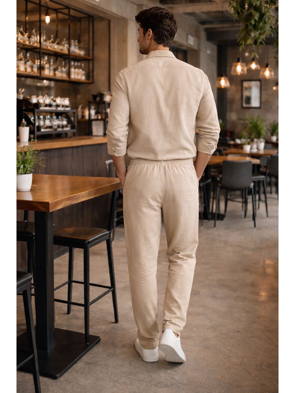 Bej Erkek Oversize Keten Takım Salaş Kesim Gömlek Pantolon Yazlık Kombin-1