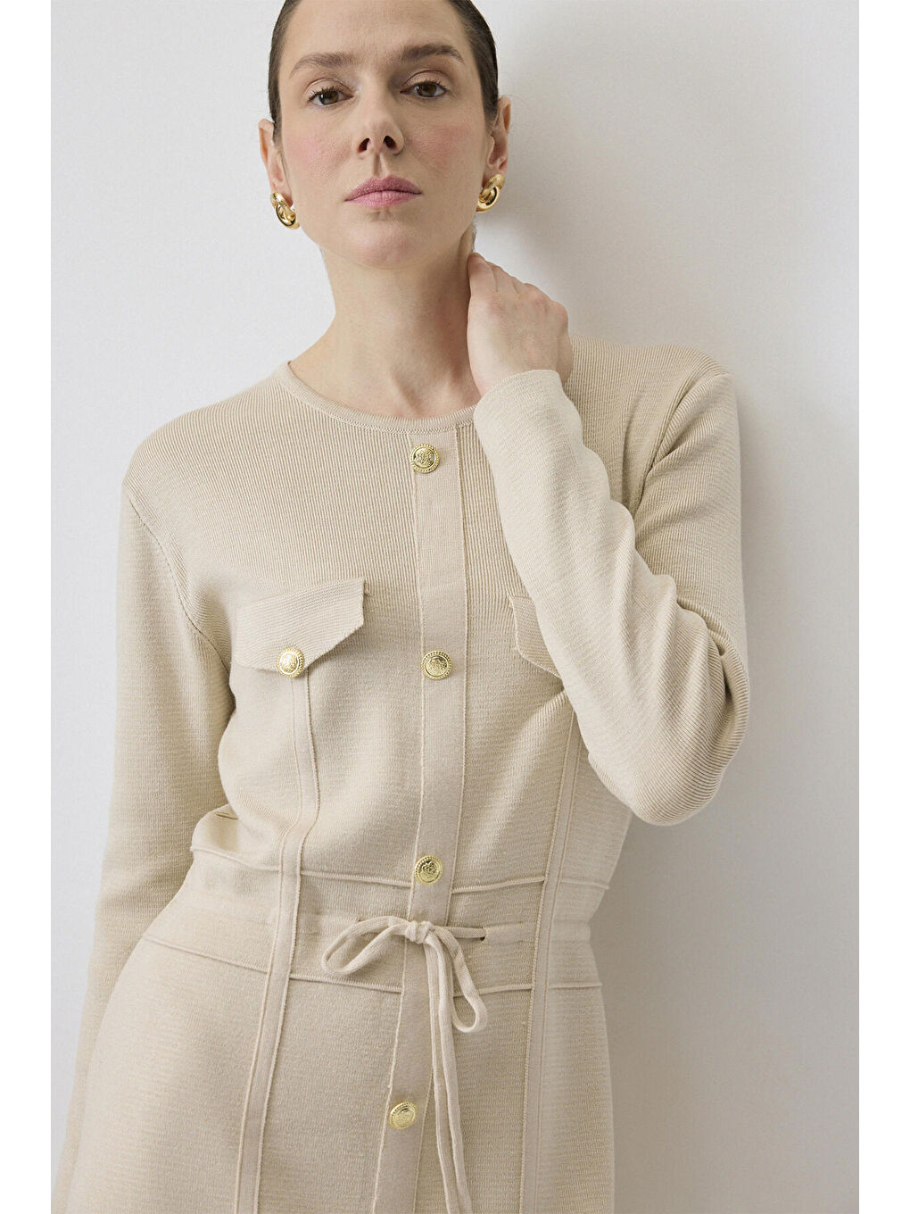 Bej Gold Düğmeli Triko Elbise-2