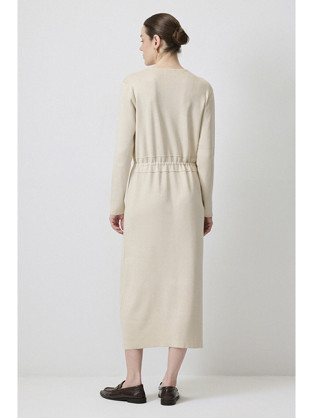 Bej Gold Düğmeli Triko Elbise-3