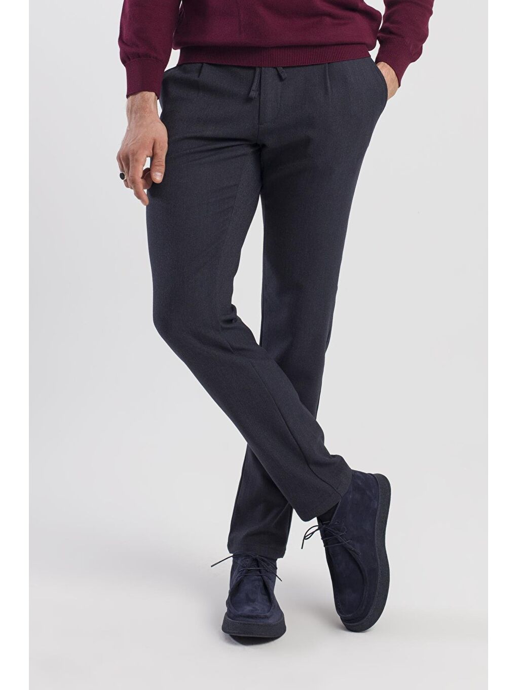 Lacivert Comfort Fit Beli Lastikli Yan Cep Pantolon-2