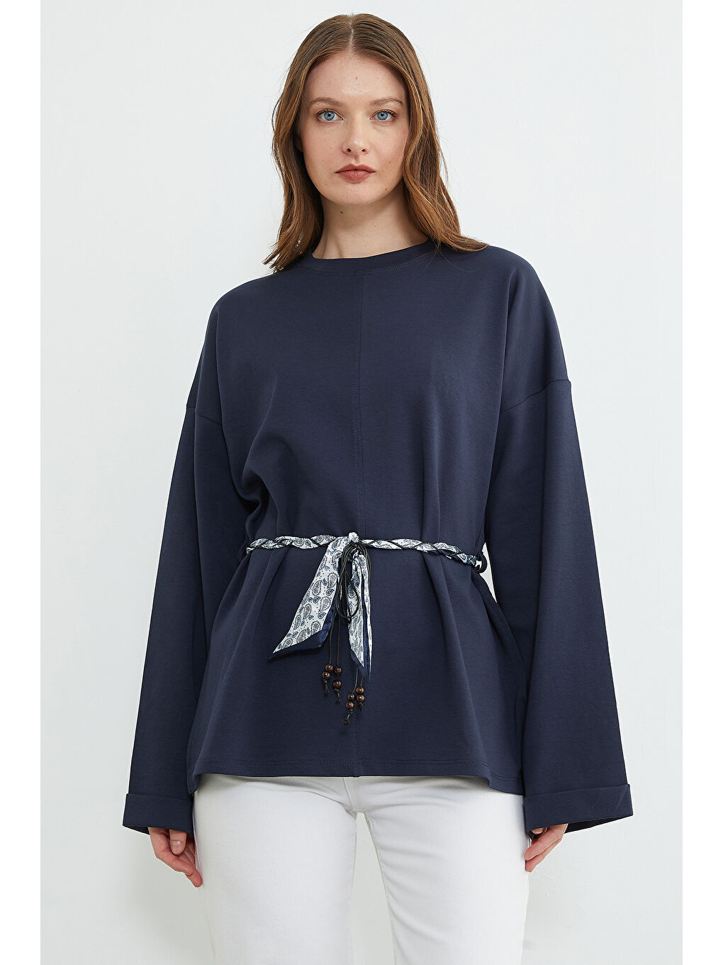 Lacivert Kemerli Yırtmaçlı Geniş Kol Tunik-1