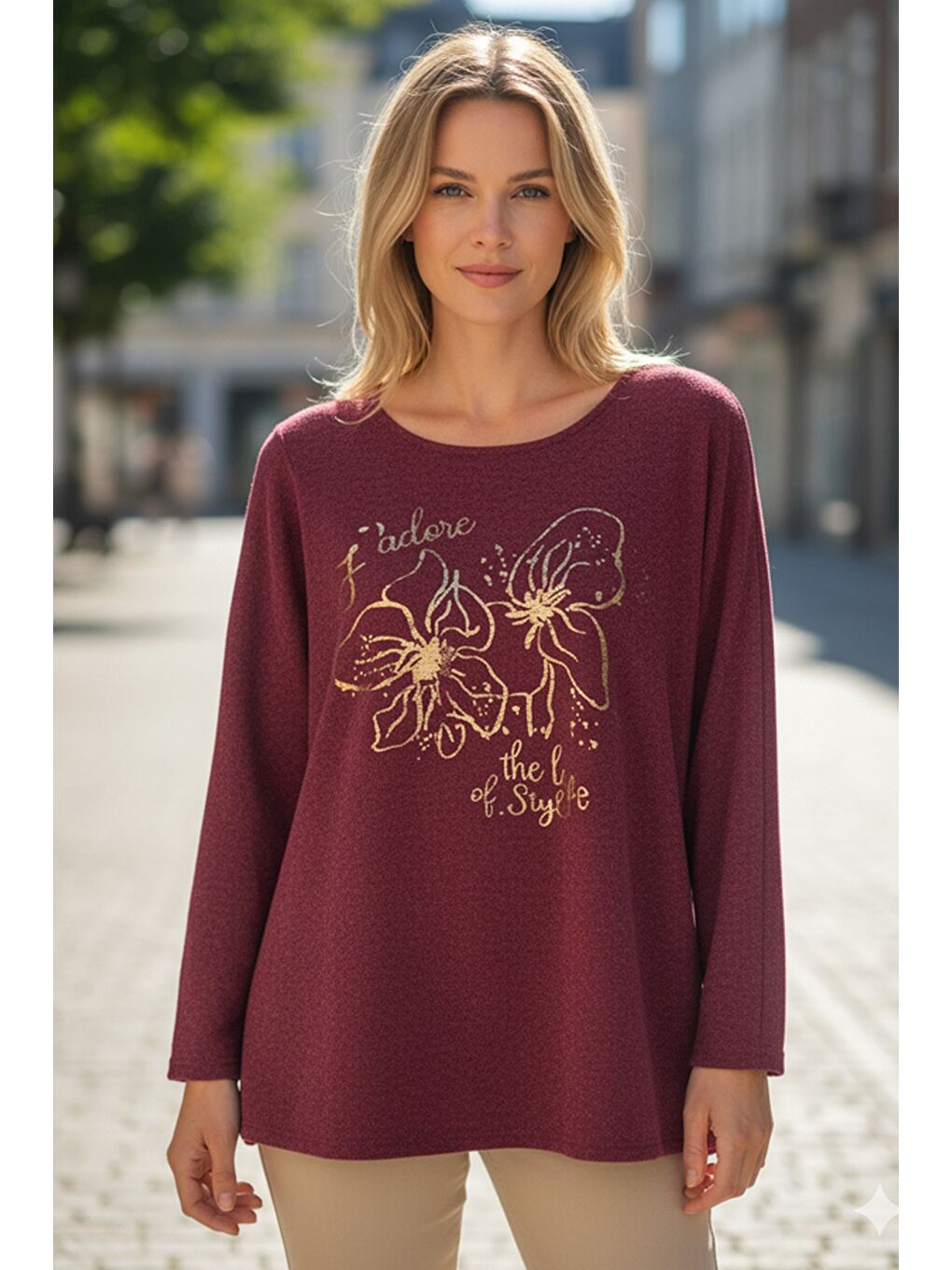 İtalyan Mürdüm Rengi Havuz Yaka Uzun Kol Çiçekli Varak Baskılı Casual Oversize Triko Bluz 75 75