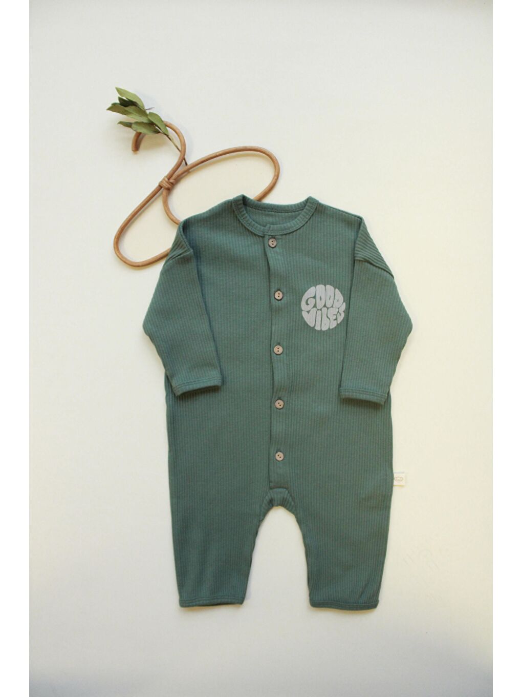 Haki Good Vibes Düğmeli Bebek Tulum-4