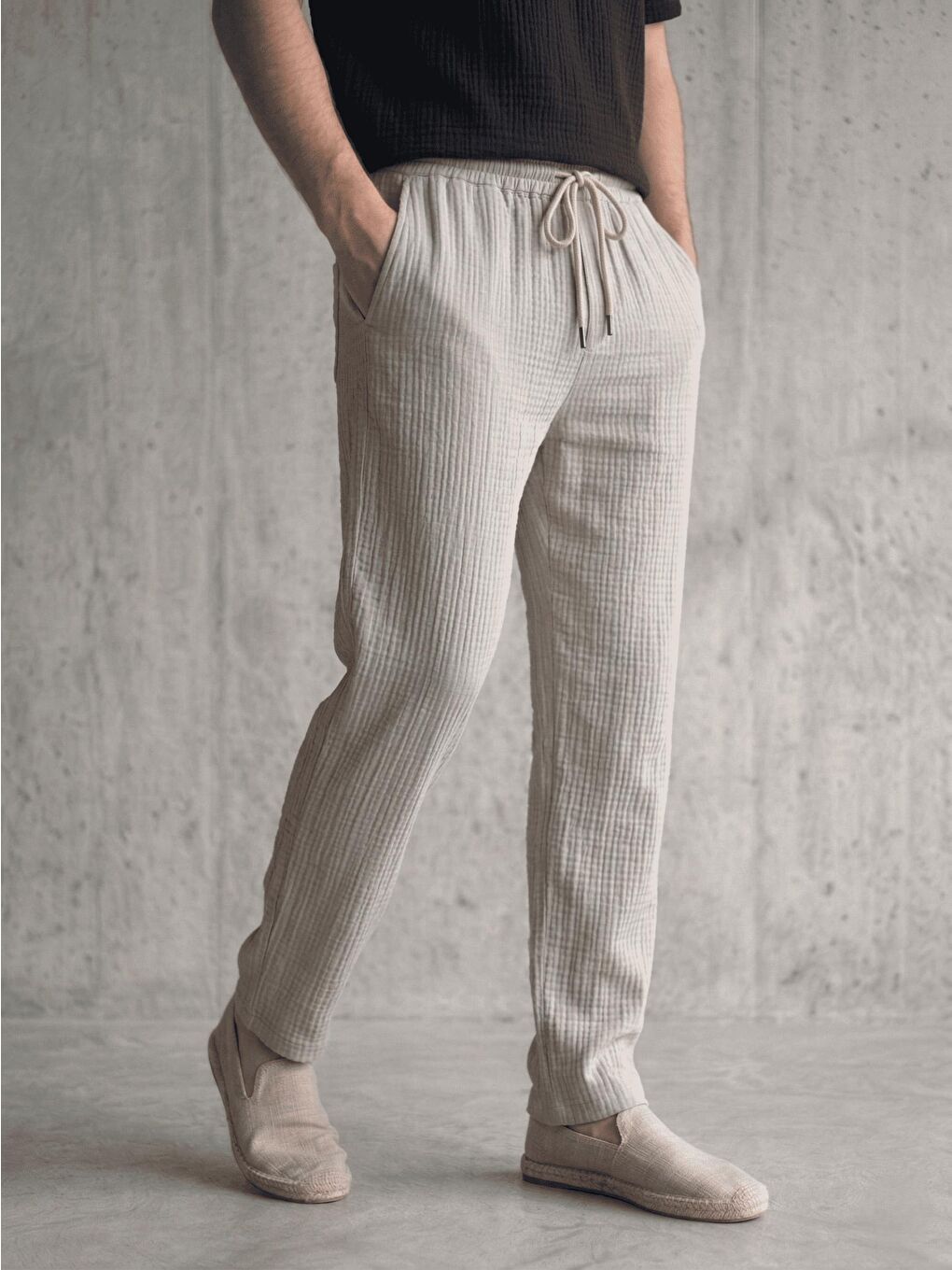 Ekru Lanz Erkek Pamuklu Müslin Pantolon | Rahat Kesim, Beli Lastikli ve Bağcıklı