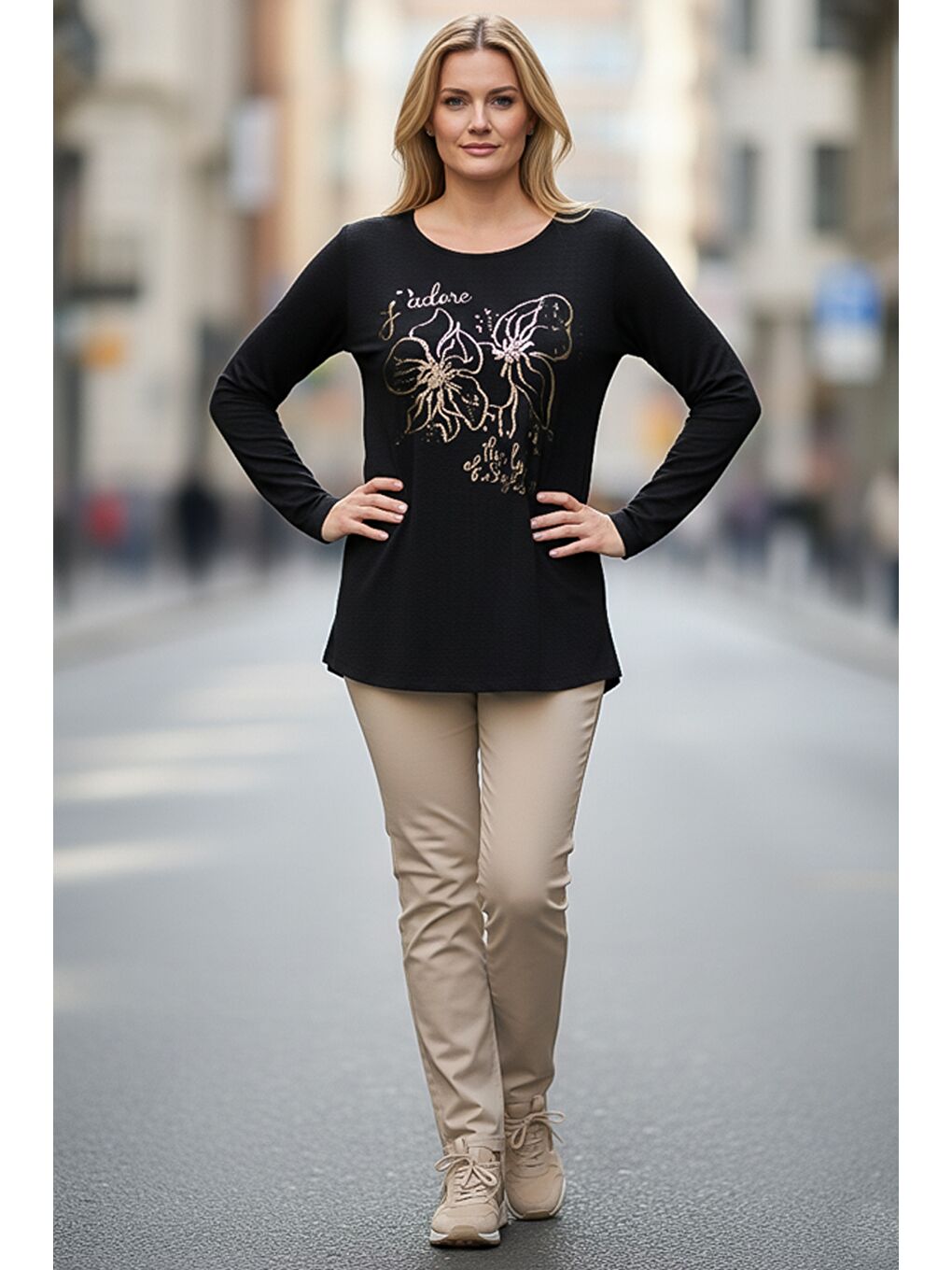 İtalyan Siyah Havuz Yaka Uzun Kol Çiçekli Varak Baskılı Casual Oversize Triko Bluz 75 75-3