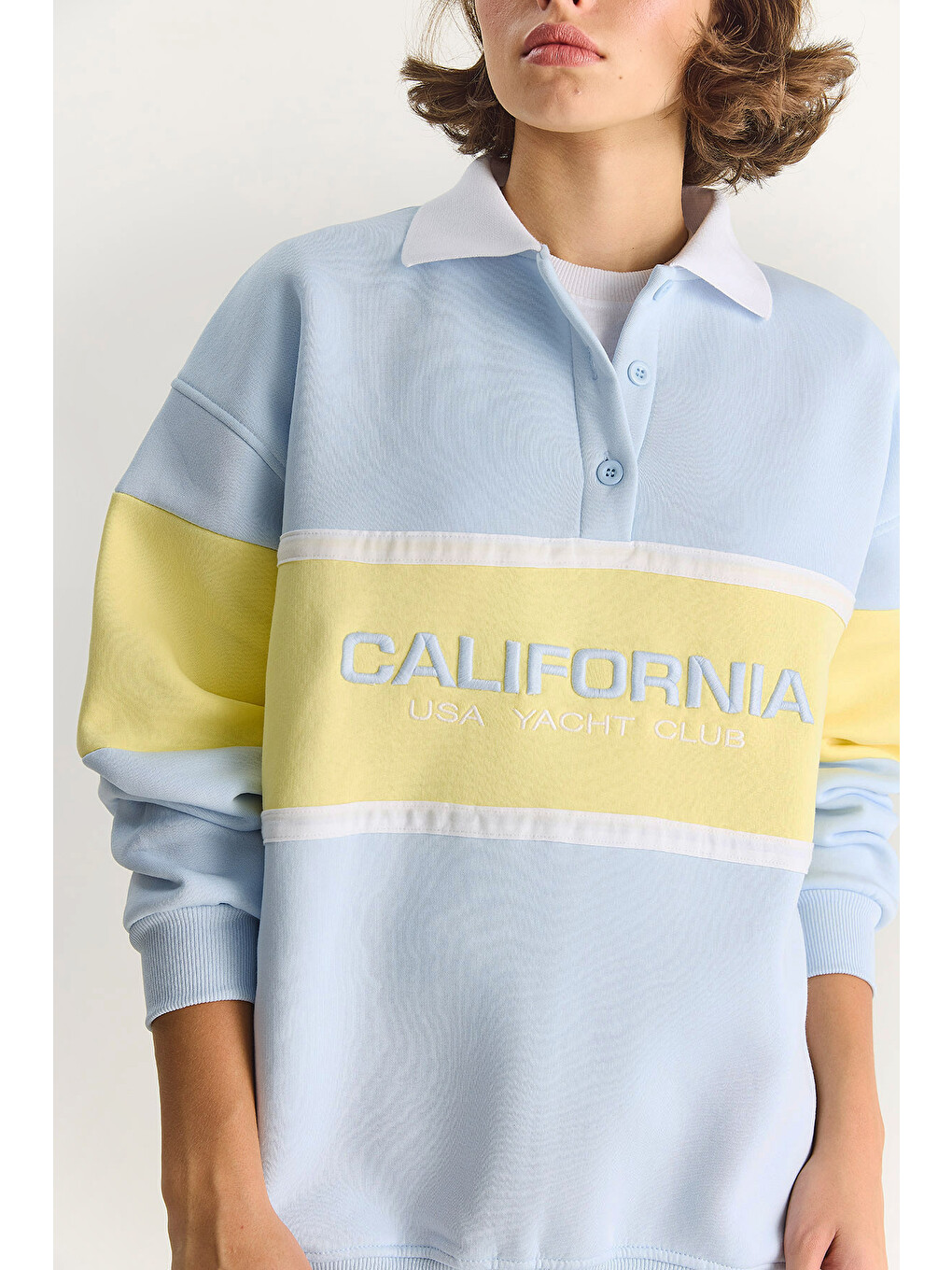 Mavi Kadın Polo Yaka Düğmeli California Yazılı Nakış Detaylı Oversize Kadın Sweatshirt-5