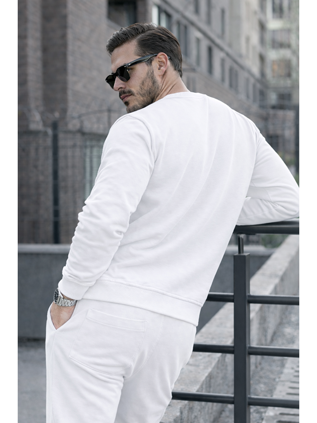 Erkek Pamuklu Bisiklet Yaka Dar Beyaz Eşofman Takımı-2