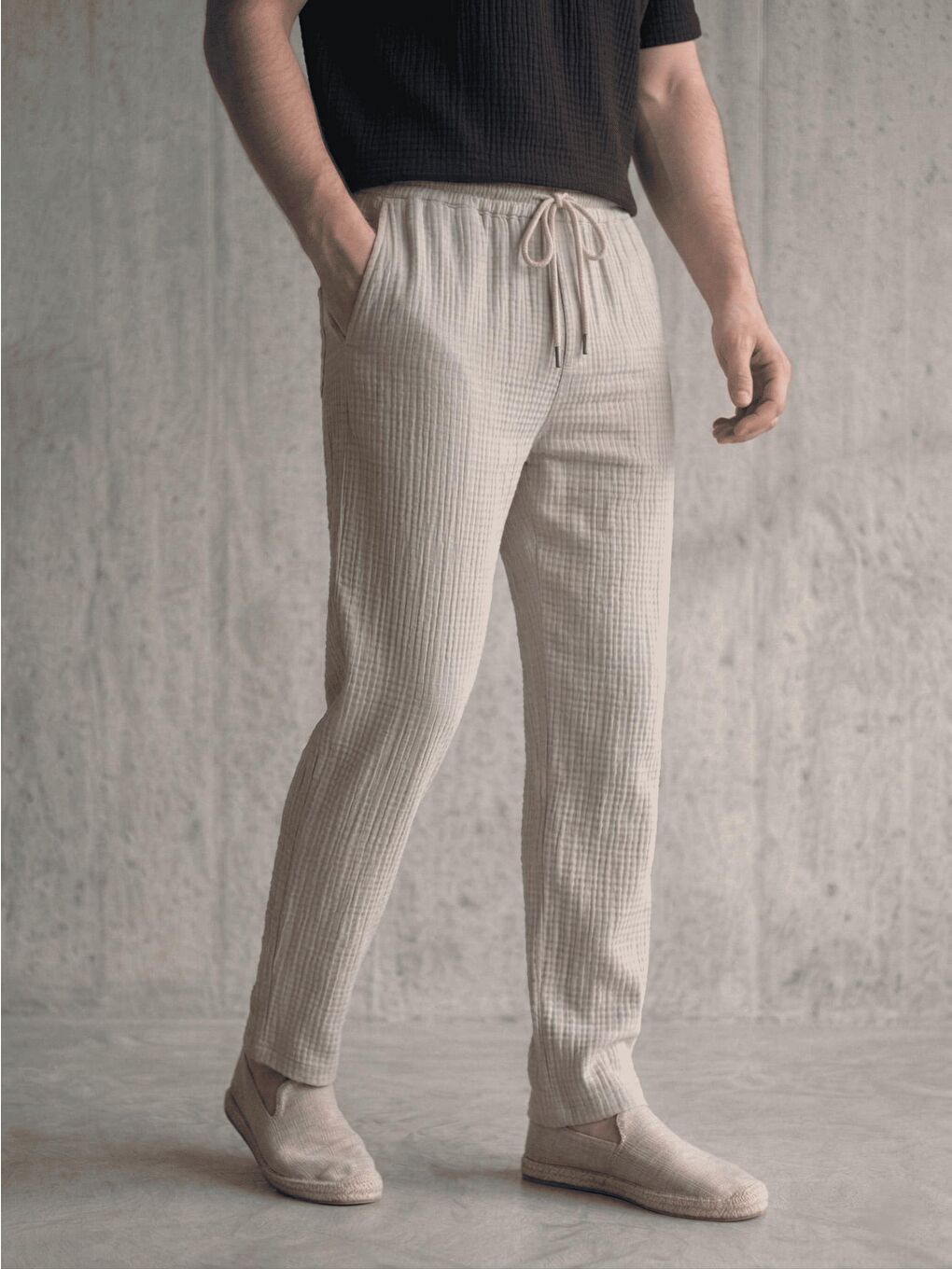 Ekru Lanz Erkek Pamuklu Müslin Pantolon | Rahat Kesim, Beli Lastikli ve Bağcıklı-1