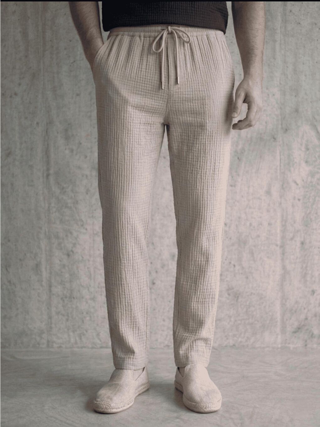Ekru Lanz Erkek Pamuklu Müslin Pantolon | Rahat Kesim, Beli Lastikli ve Bağcıklı-2