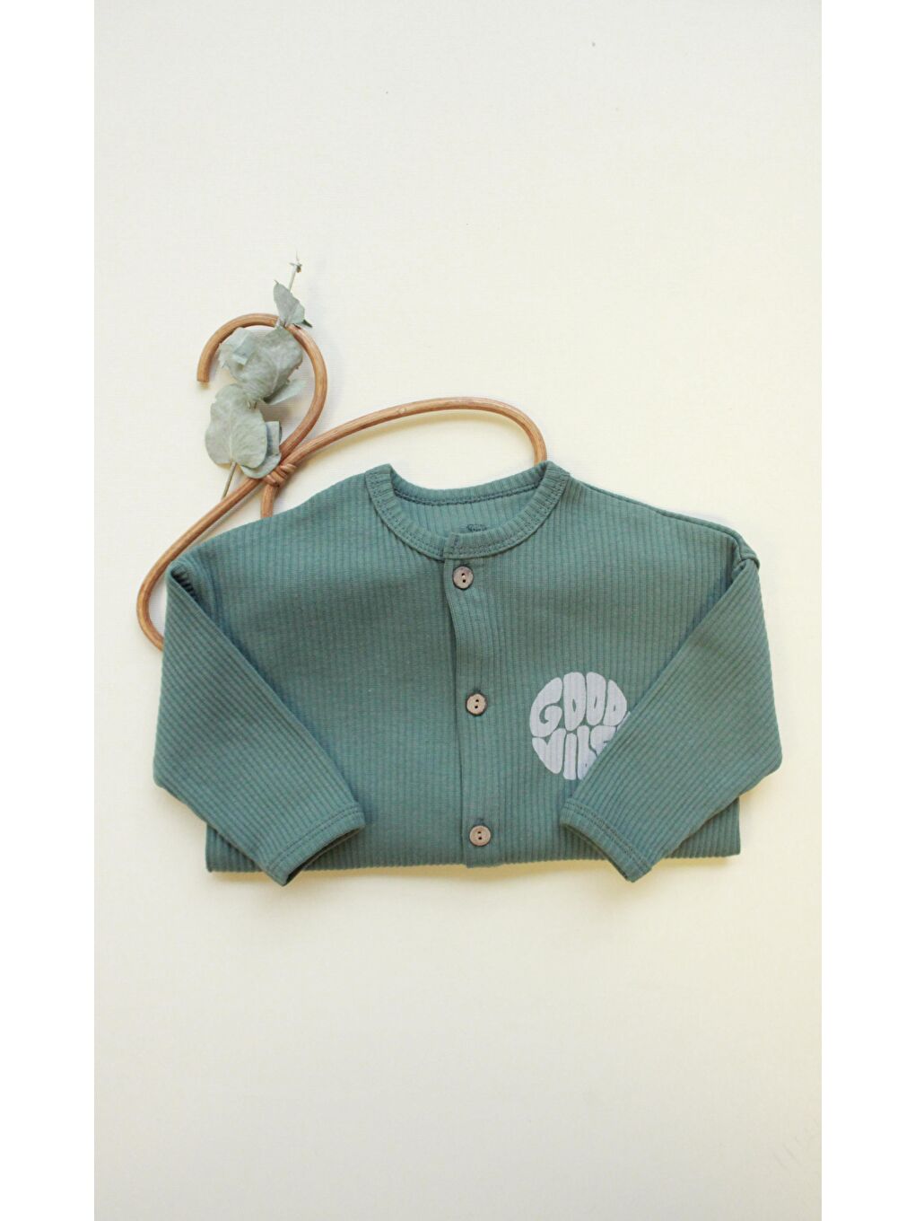 Haki Good Vibes Düğmeli Bebek Tulum-5