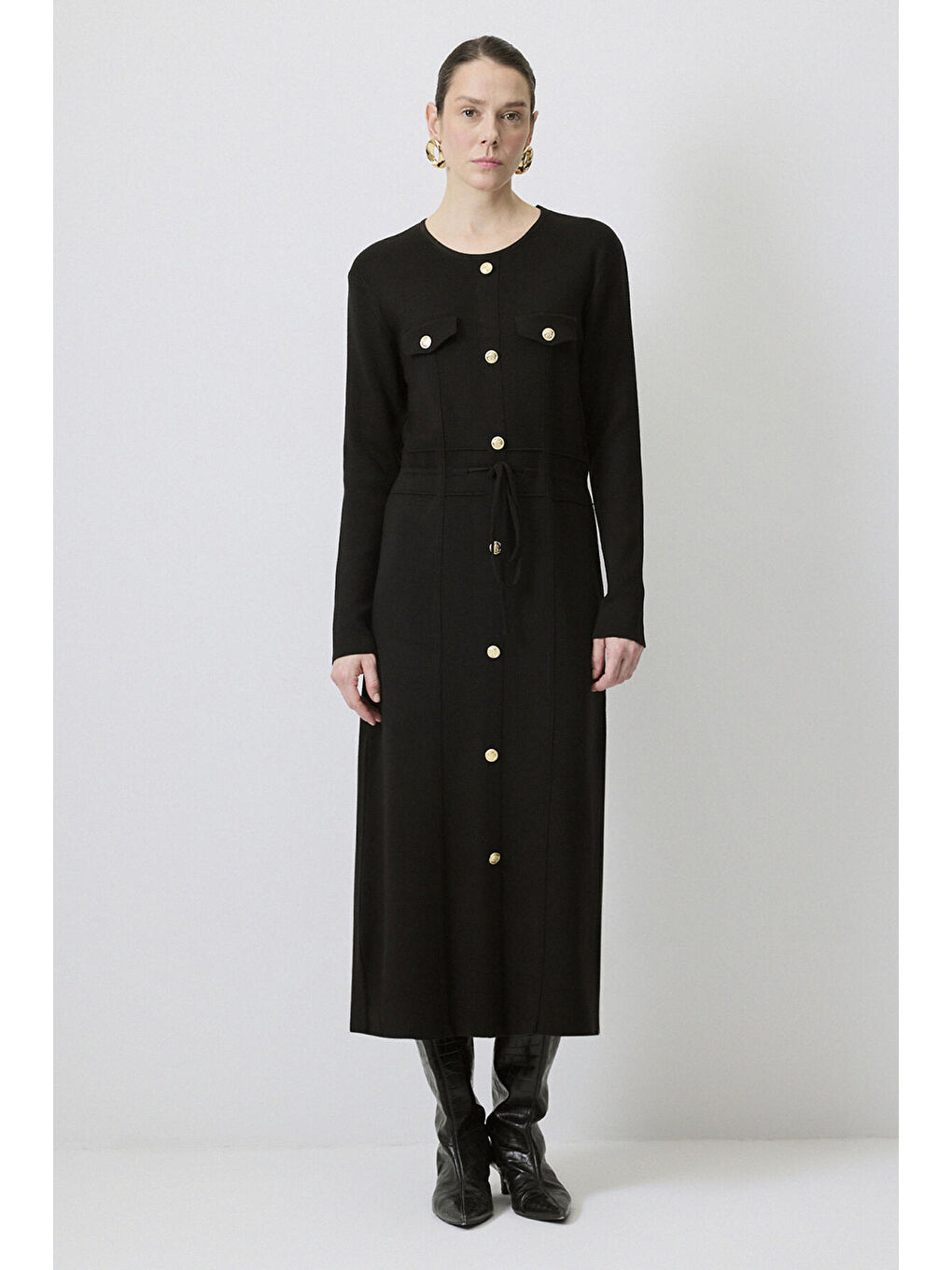 Siyah Gold Düğmeli Triko Elbise