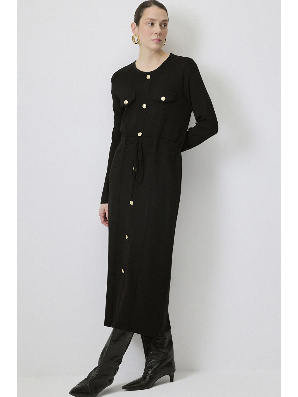 Siyah Gold Düğmeli Triko Elbise-1