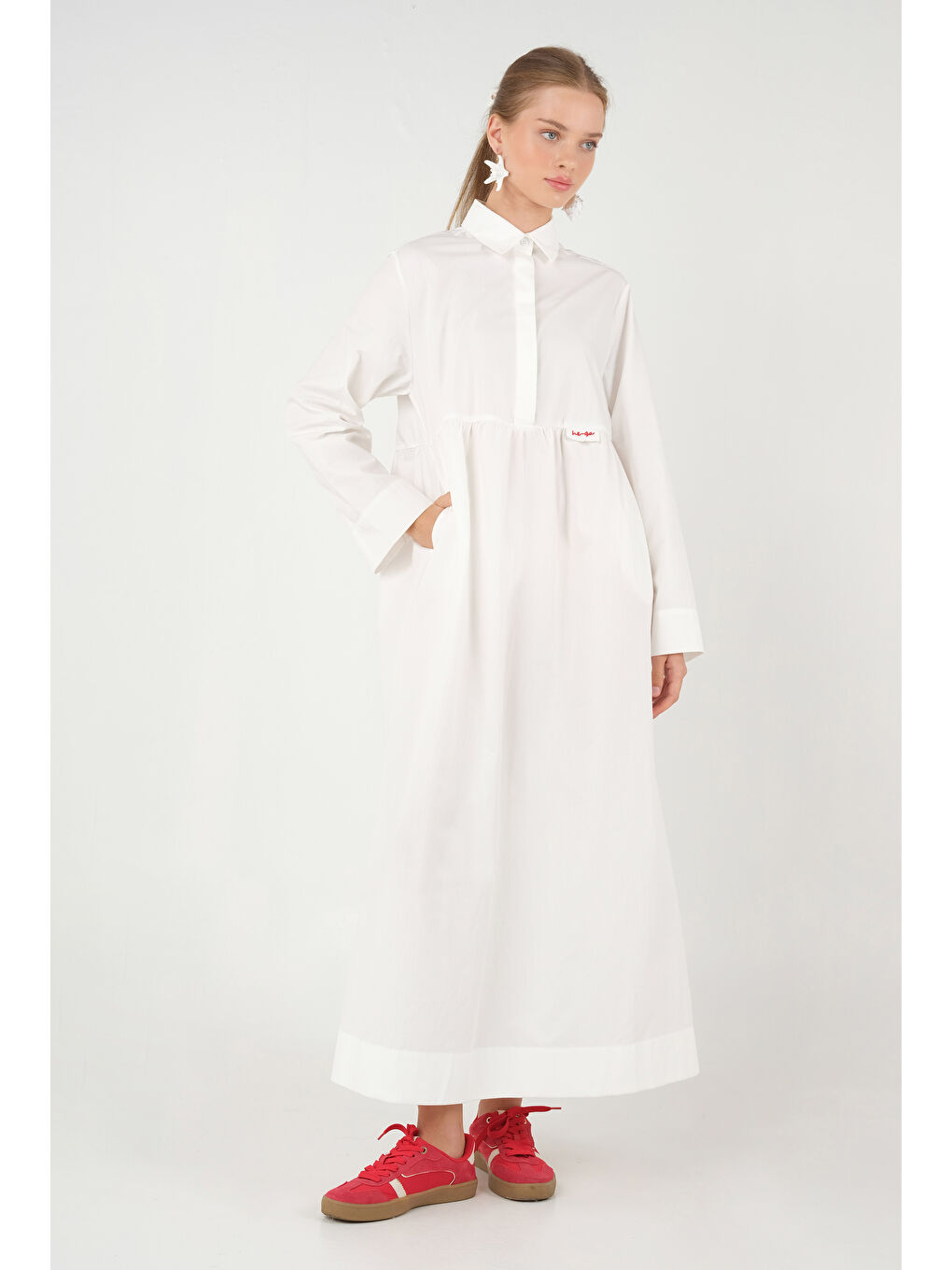 Nakışlı Poplin Elbise Beyaz-2