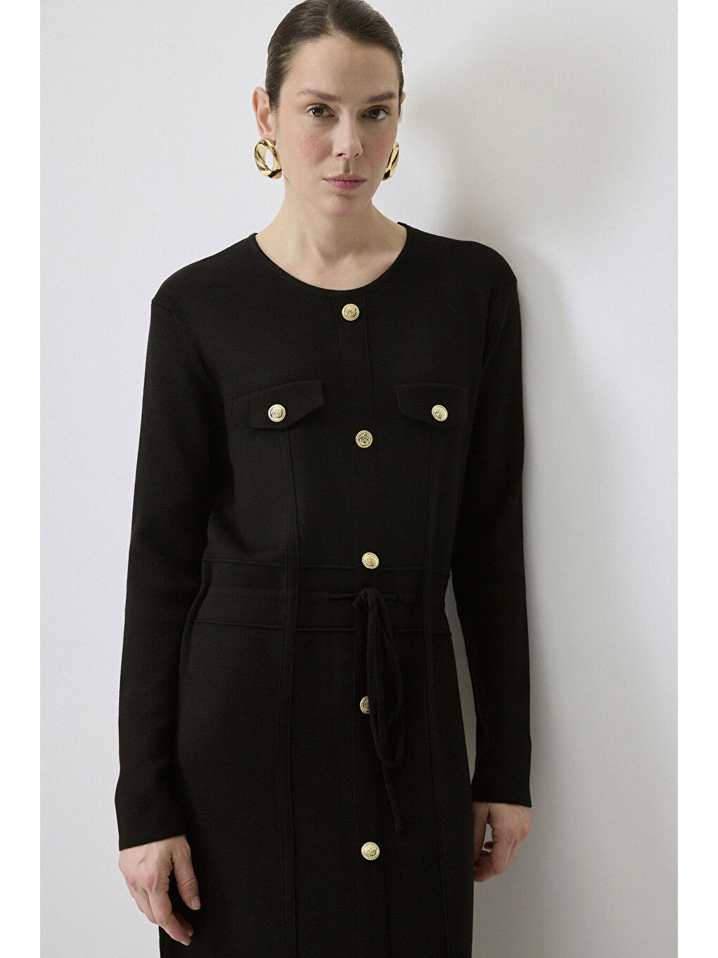 Siyah Gold Düğmeli Triko Elbise-2