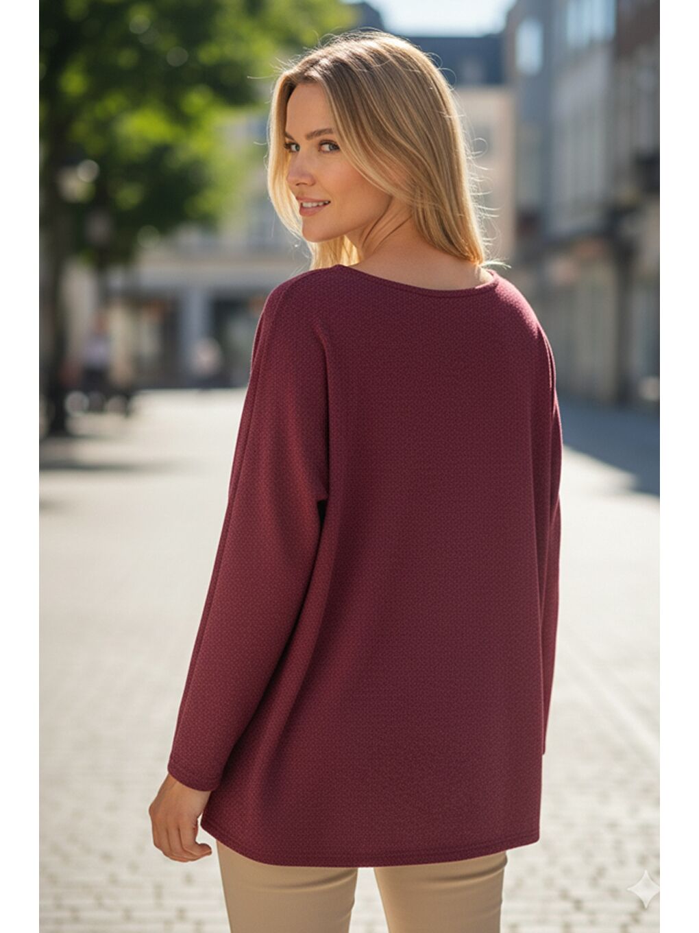 İtalyan Mürdüm Rengi Havuz Yaka Uzun Kol Çiçekli Varak Baskılı Casual Oversize Triko Bluz 75 75-1