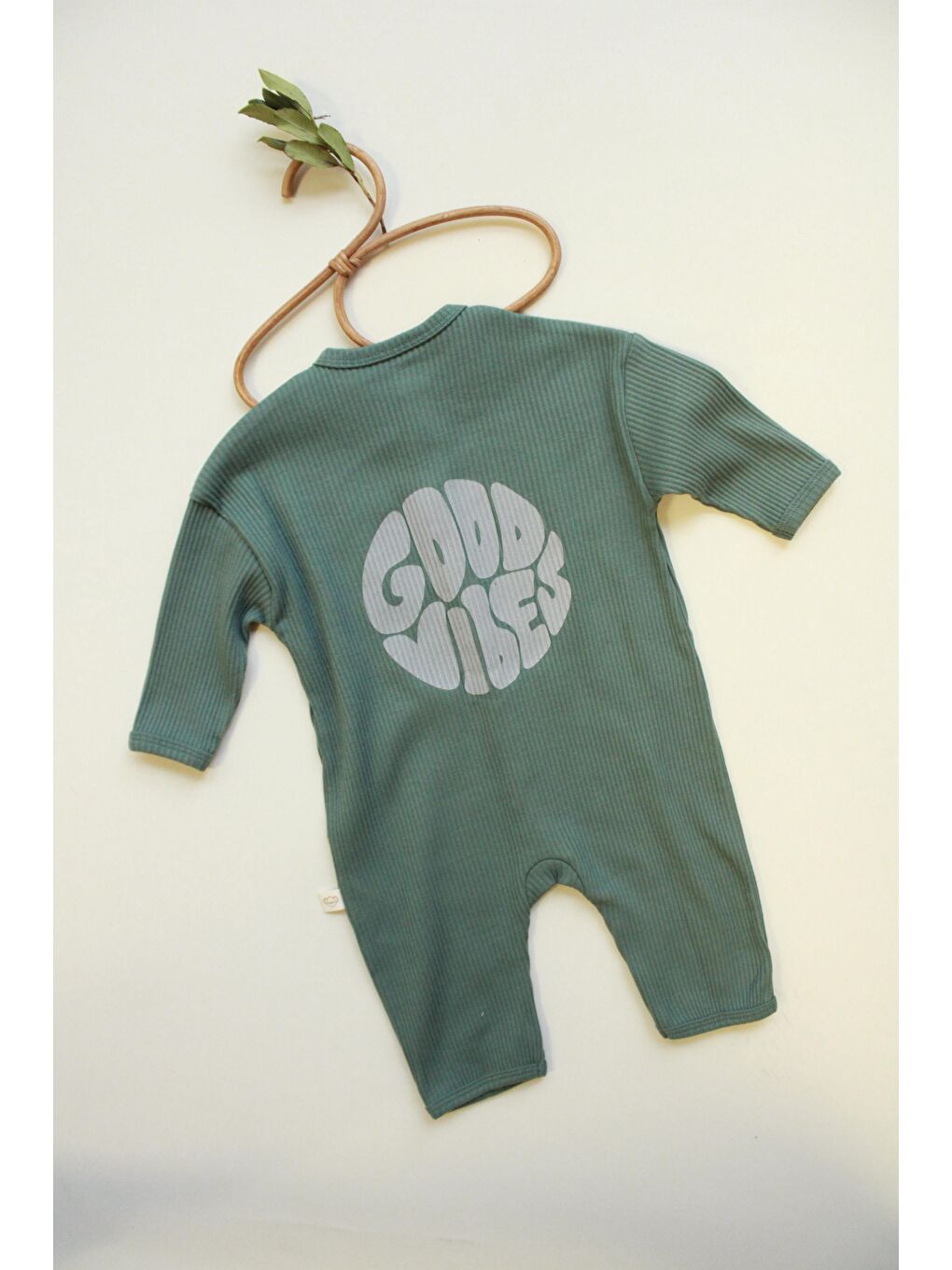 Haki Good Vibes Düğmeli Bebek Tulum-6