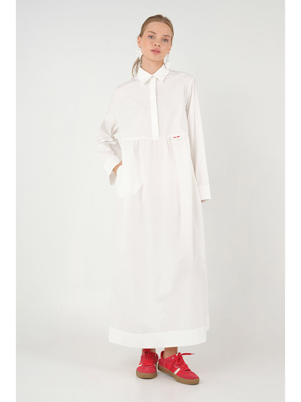 Nakışlı Poplin Elbise Beyaz-3