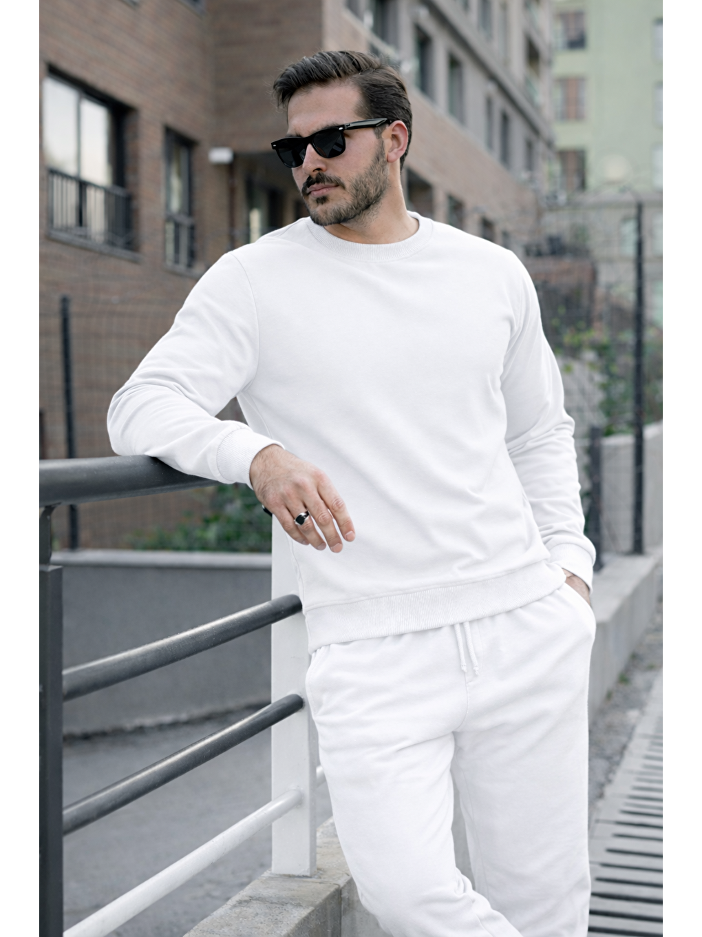 Erkek Pamuklu Bisiklet Yaka Dar Beyaz Eşofman Takımı-3