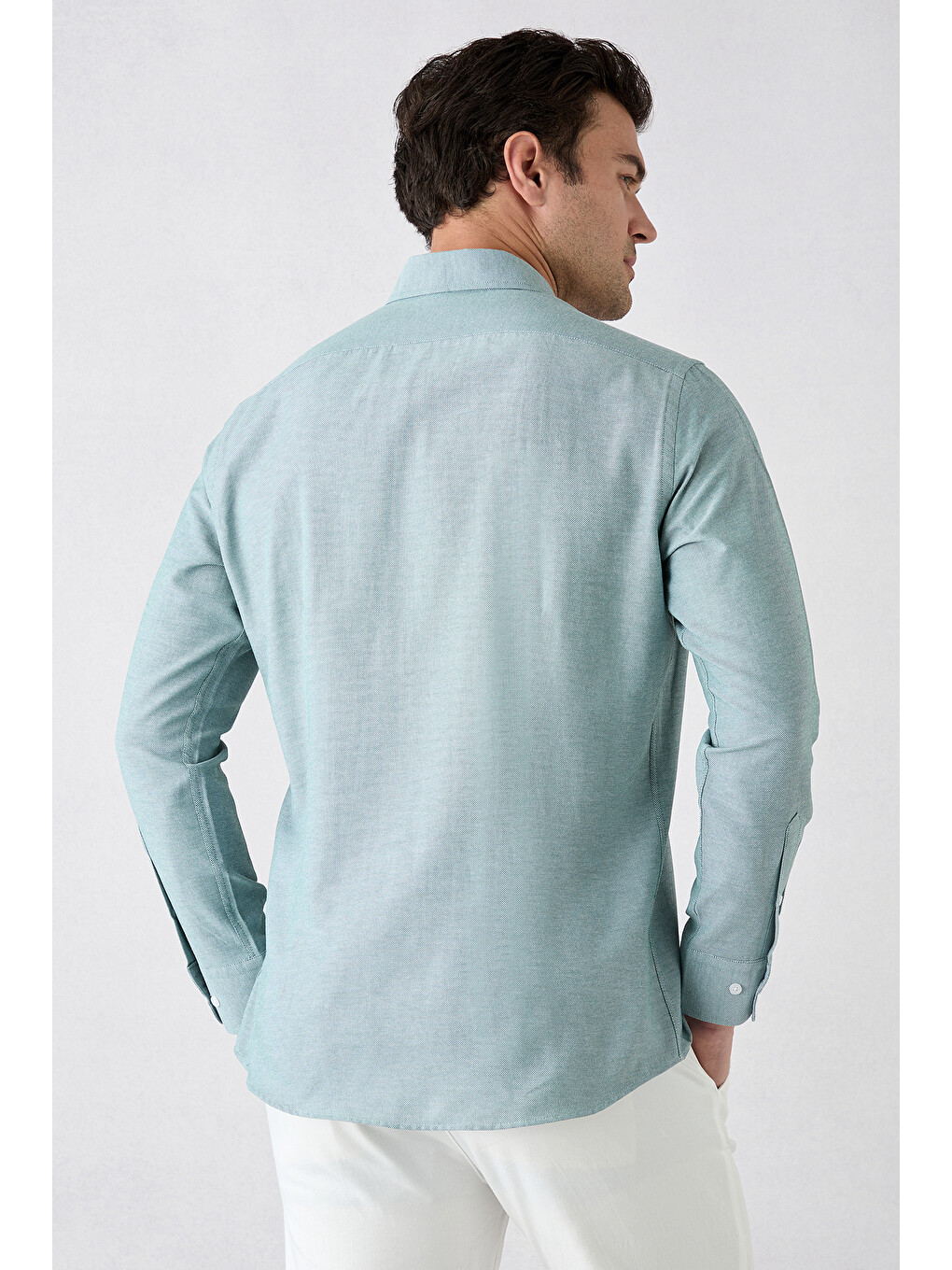 Yeşil Uzun Kol Slim Fit Düğmeli Yaka Pamuklu Kolay Ütülenebilir 4 Mevsim Oxford Gömlek-5