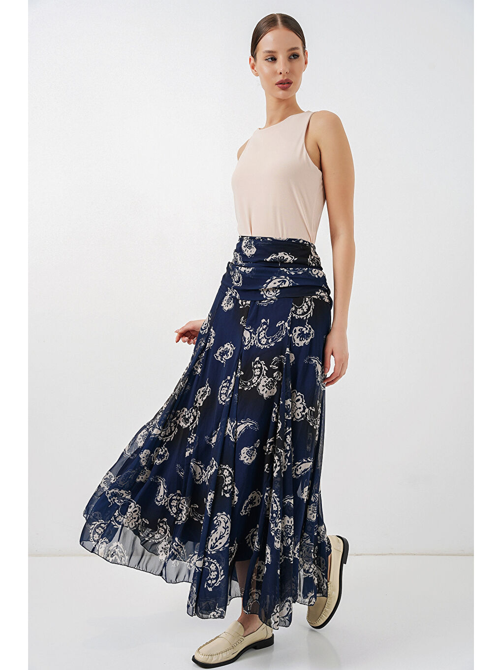 Kadın Desenli Şifon Etek 8057 - Lacivert