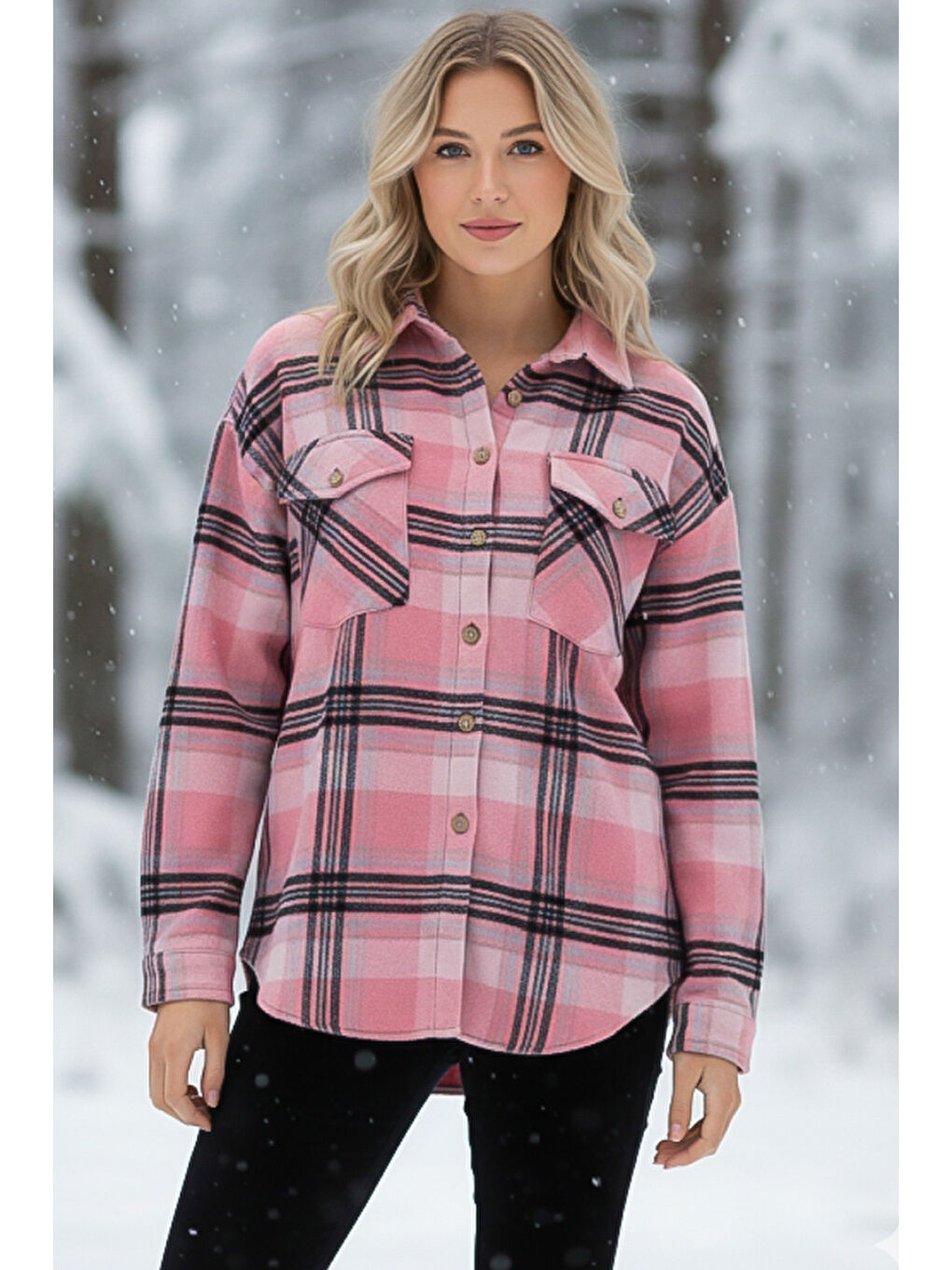 Pembe-Siyah Gömlek Yaka Manşetli Kollu Ekose Çift Kapaklı Cepli Kalın Oversize Dokuma Gömlek 68 66