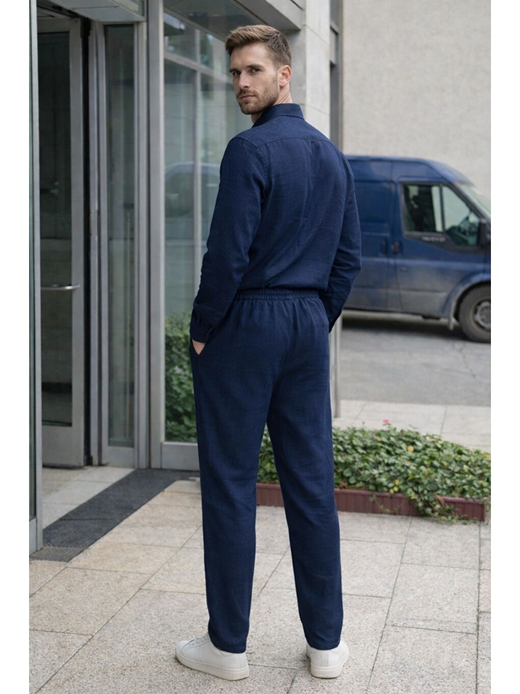 Lacivert Erkek Oversize Keten Takım Salaş Kesim Gömlek Pantolon Yazlık Kombin-1