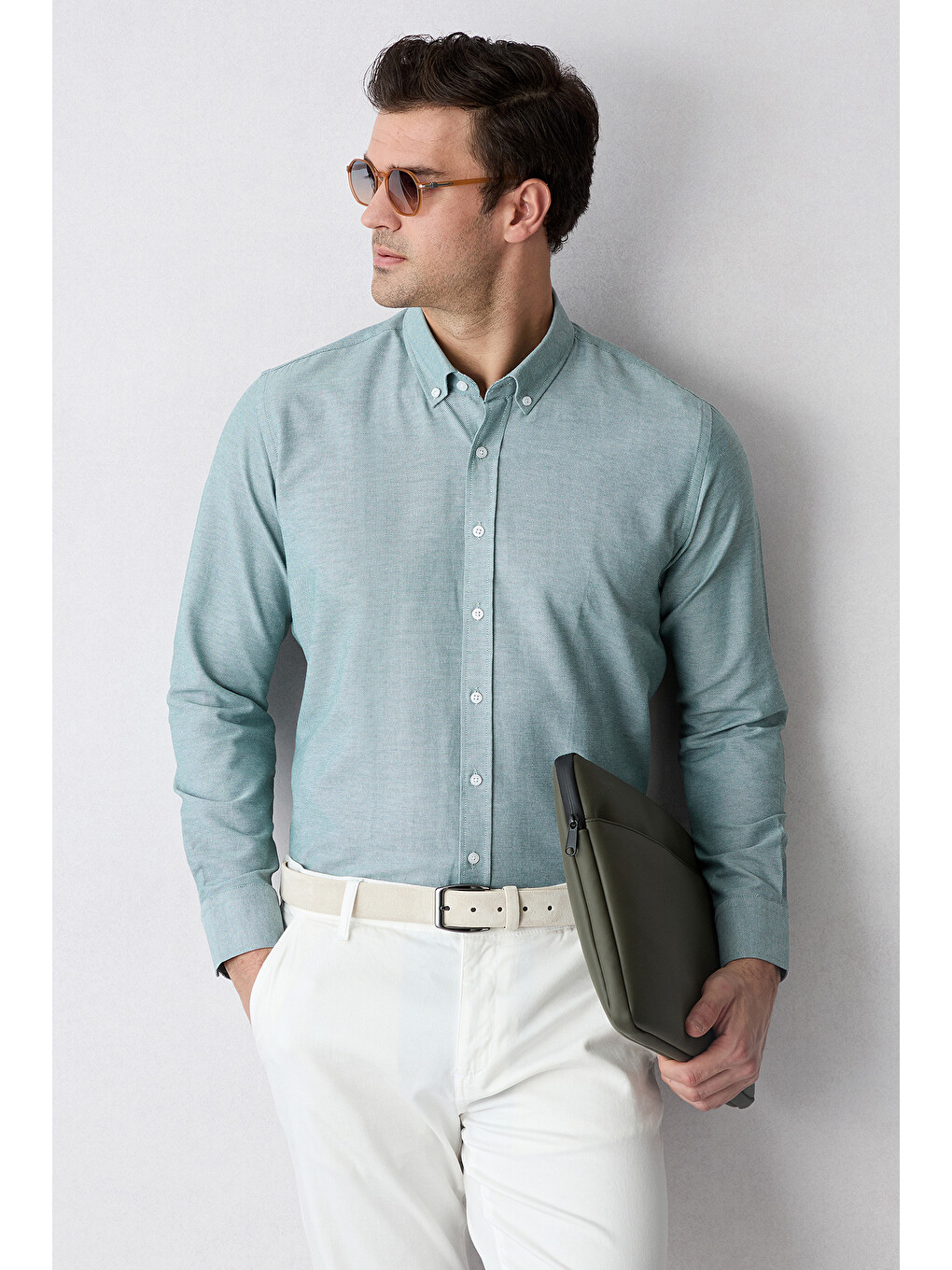Yeşil Uzun Kol Slim Fit Düğmeli Yaka Pamuklu Kolay Ütülenebilir 4 Mevsim Oxford Gömlek-6
