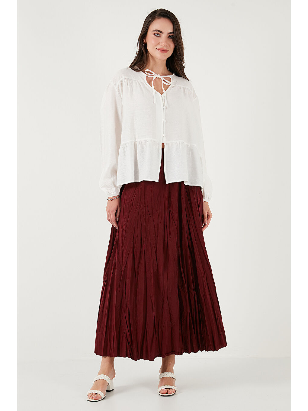 Bordo Modest Pamuk Karışımlı Regular Fit Kırışık Görünümlü Uzun Kadın Tesettür Etek 6698042