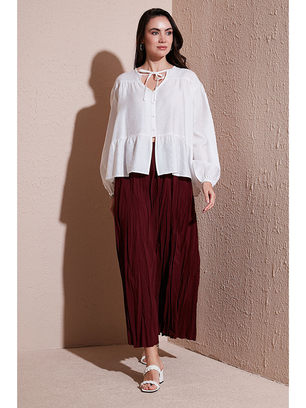 Bordo Modest Pamuk Karışımlı Regular Fit Kırışık Görünümlü Uzun Kadın Tesettür Etek 6698042-1