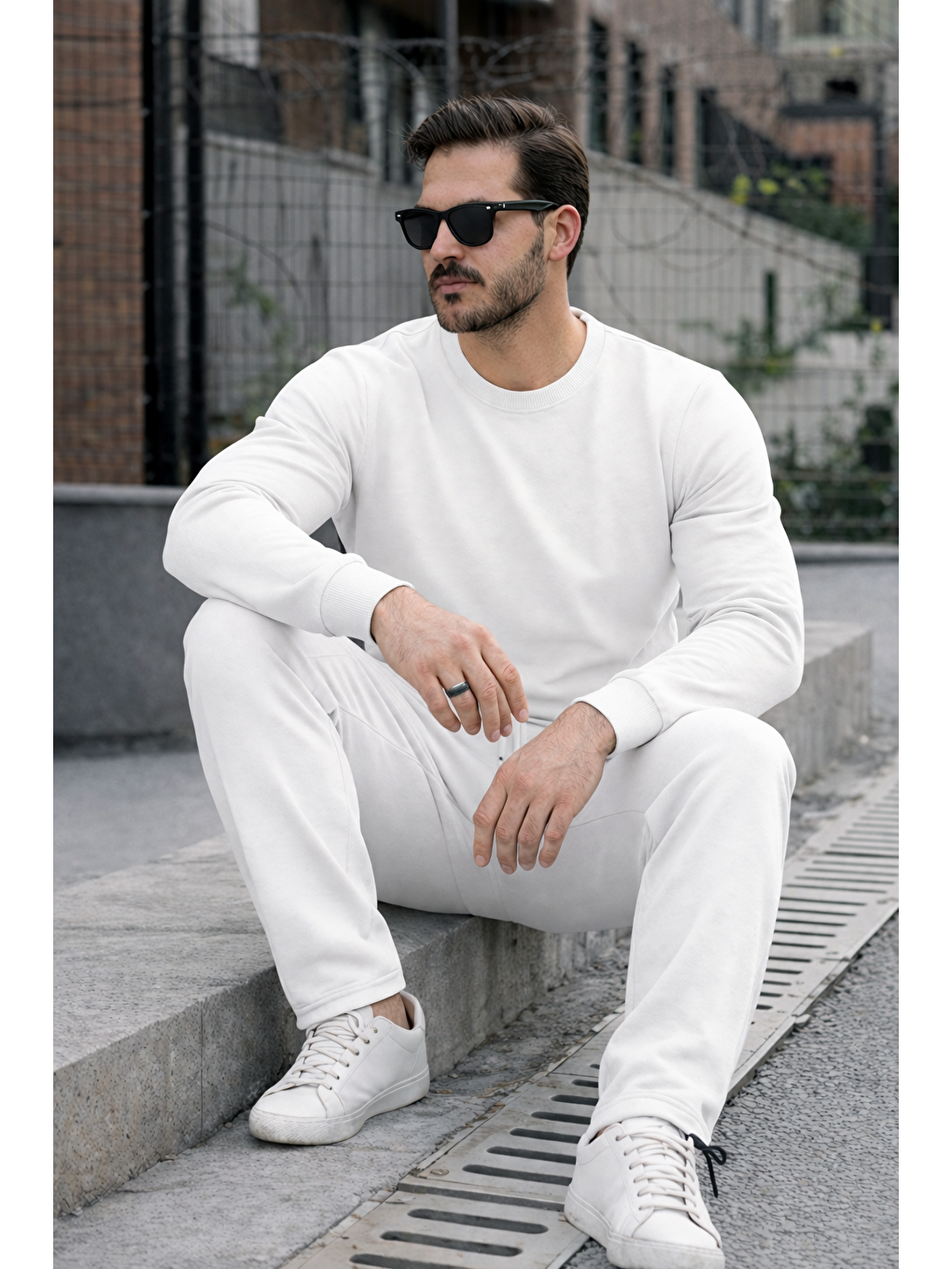 Erkek Pamuklu Bisiklet Yaka Dar Beyaz Eşofman Takımı-4