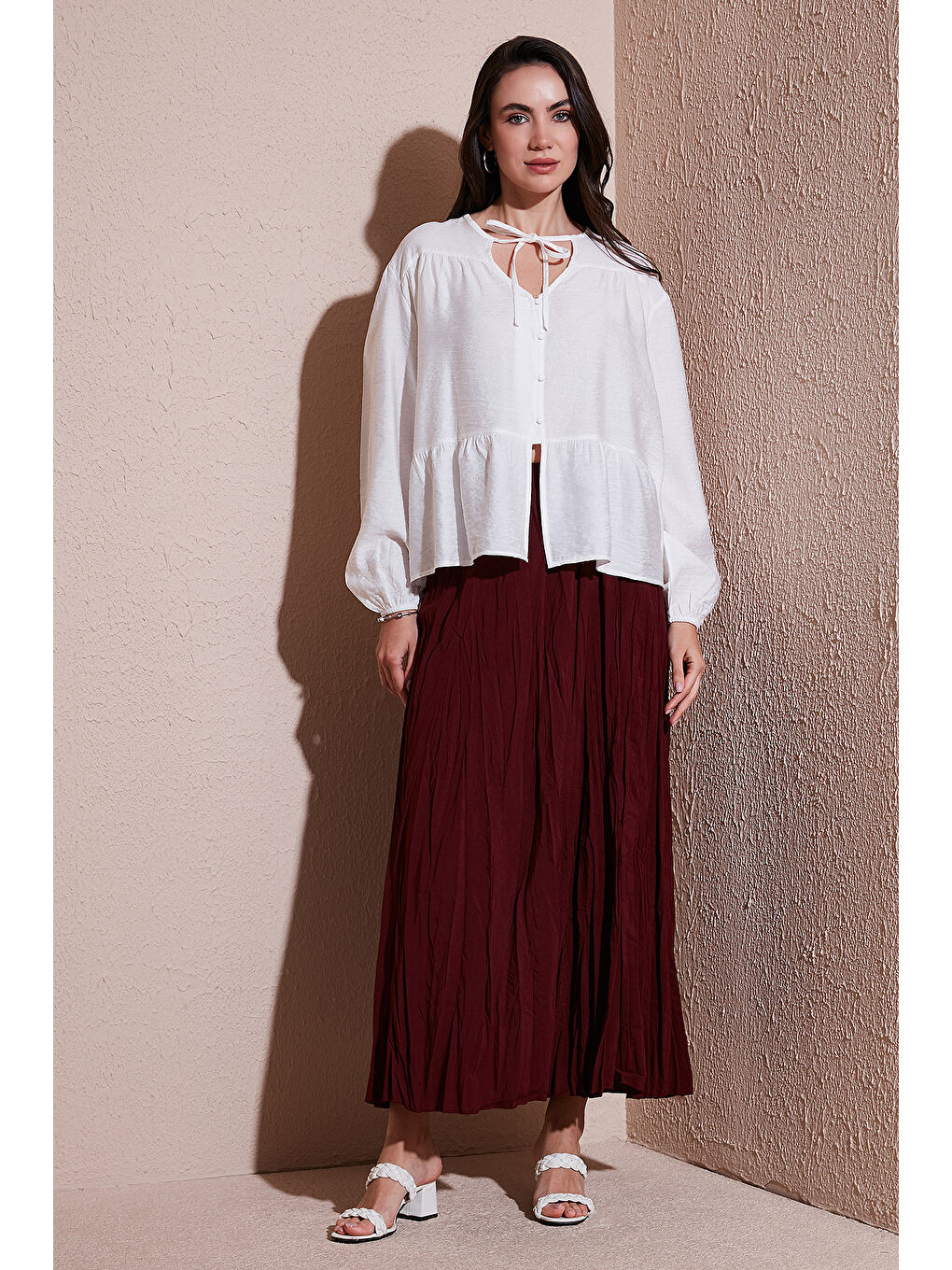 Bordo Modest Pamuk Karışımlı Regular Fit Kırışık Görünümlü Uzun Kadın Tesettür Etek 6698042-2