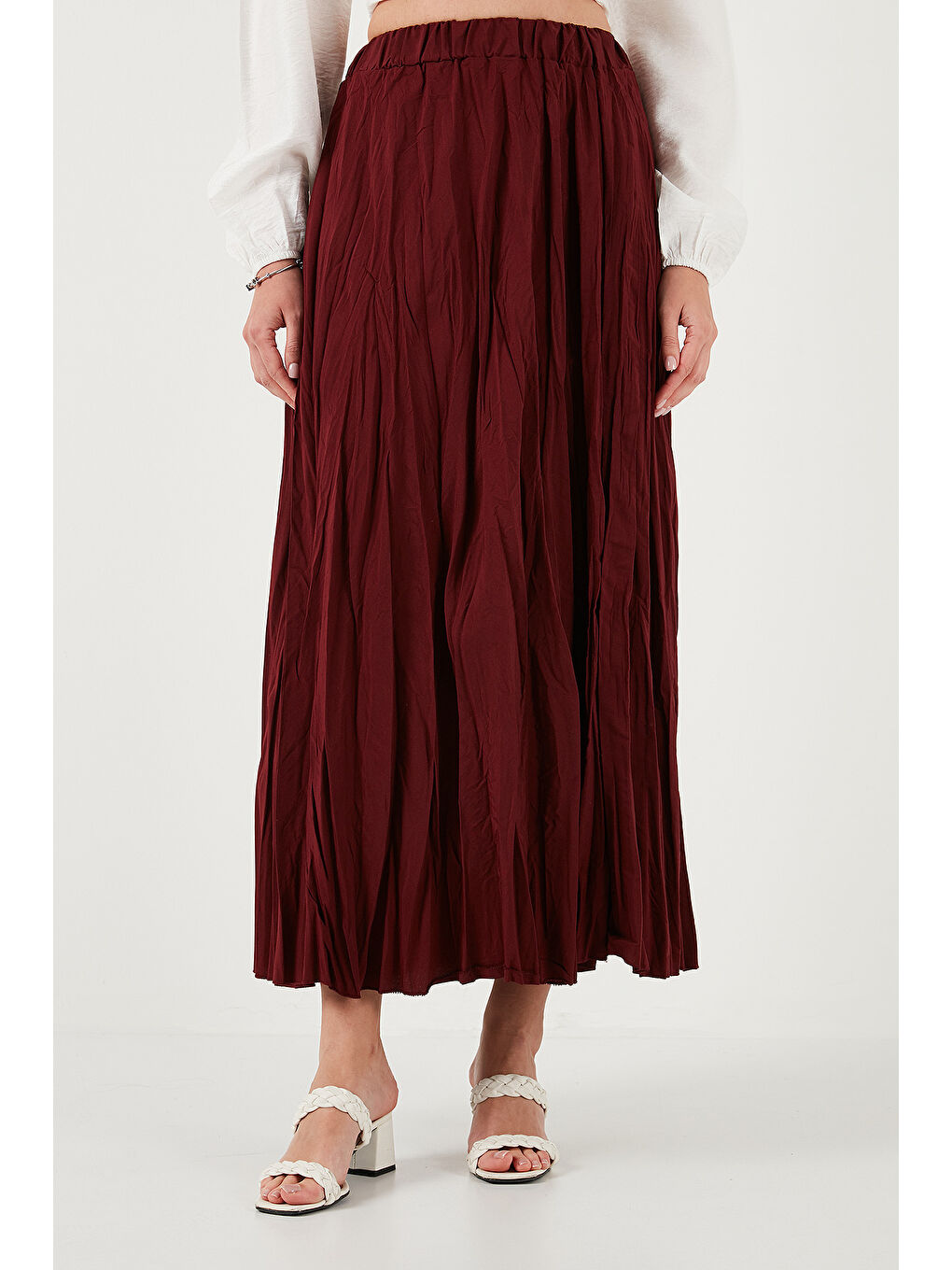 Bordo Modest Pamuk Karışımlı Regular Fit Kırışık Görünümlü Uzun Kadın Tesettür Etek 6698042-3