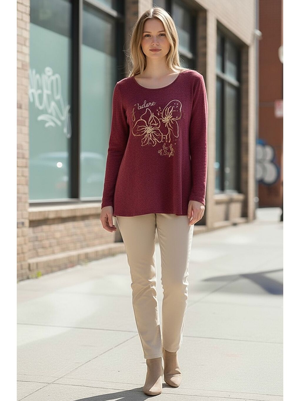 İtalyan Mürdüm Rengi Havuz Yaka Uzun Kol Çiçekli Varak Baskılı Casual Oversize Triko Bluz 75 75-2