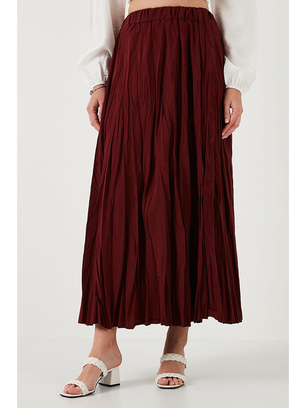 Bordo Modest Pamuk Karışımlı Regular Fit Kırışık Görünümlü Uzun Kadın Tesettür Etek 6698042-4