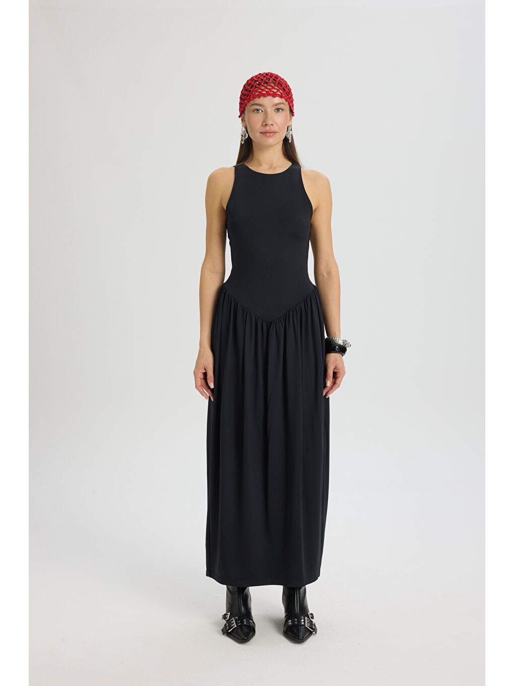 Alenya Üçgen Detay Siyah Uzun Elbise-1