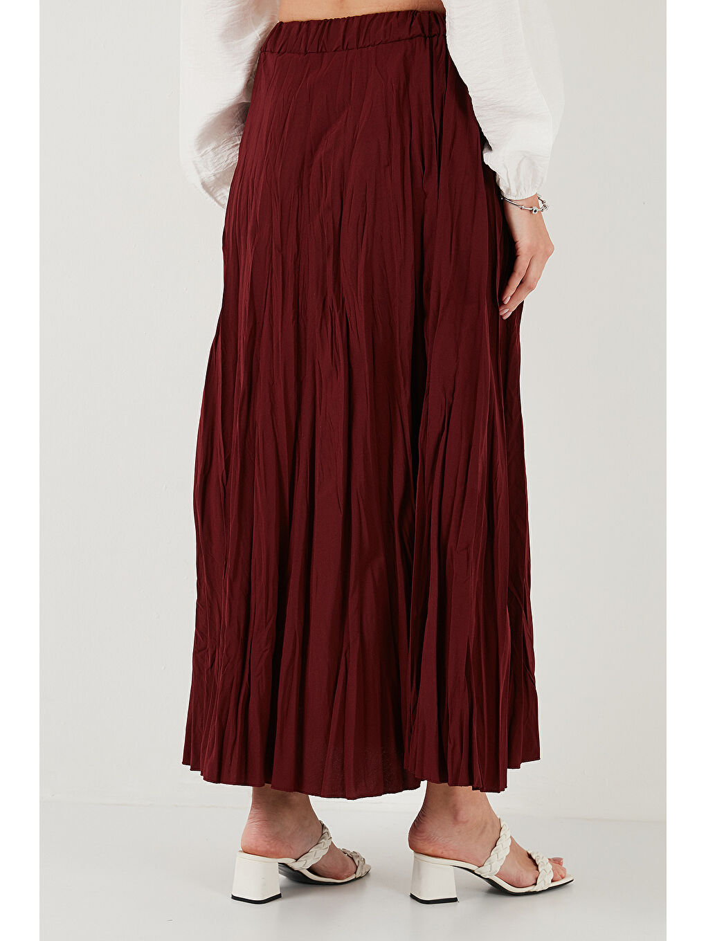 Bordo Modest Pamuk Karışımlı Regular Fit Kırışık Görünümlü Uzun Kadın Tesettür Etek 6698042-6