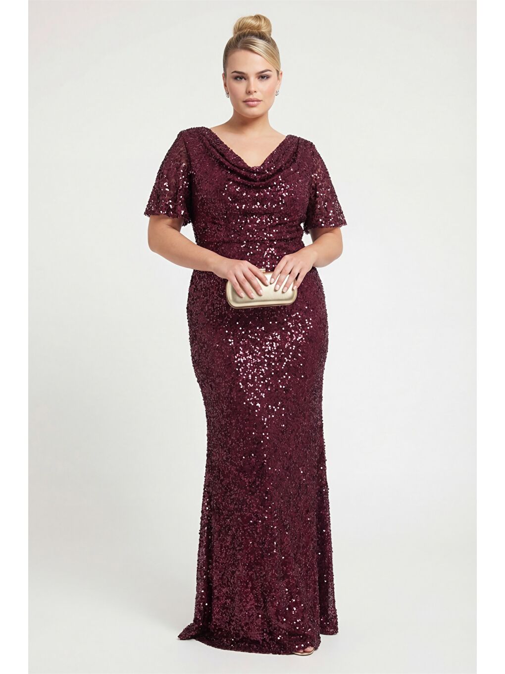 Kadın Mürdüm Dar Kalıp Degaje Yaka Pul Payet Büyük Beden Uzun Abiye