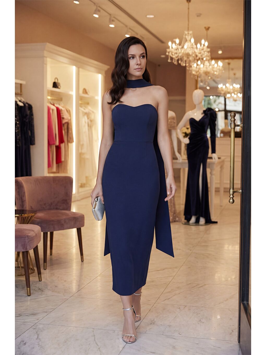 Kadın Lacivert Şal Yaka Midi Söz Nişan Nikah Abiye Elbise-1