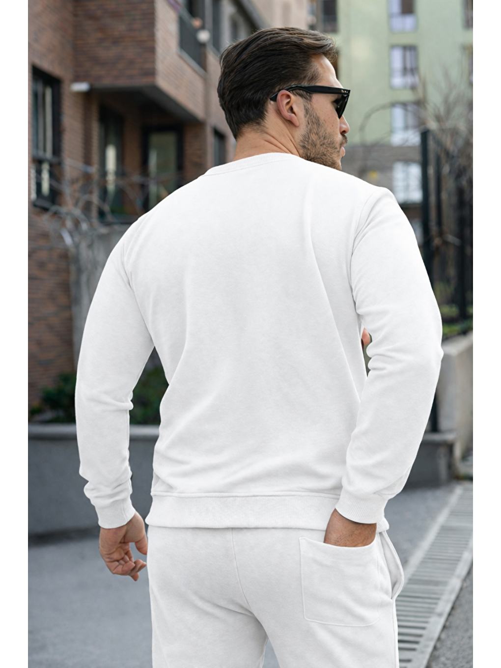 Erkek Pamuklu Bisiklet Yaka Dar Beyaz Eşofman Takımı-5