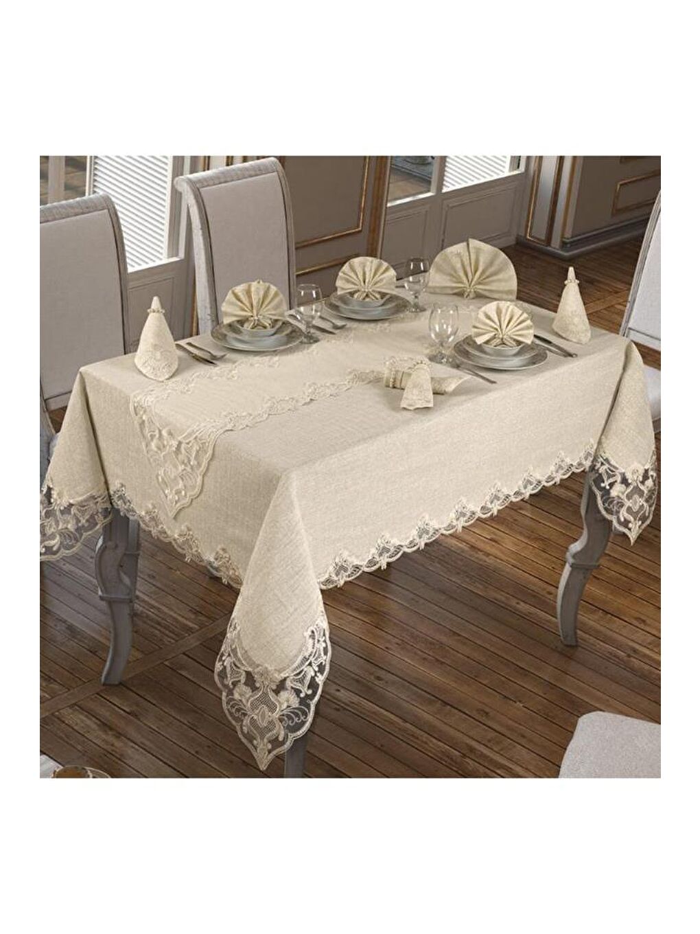 Ekru Hanzade Masa Örtüsü 26 Parça Krem-1