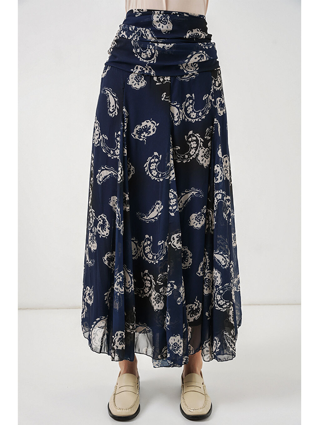 Kadın Desenli Şifon Etek 8057 - Lacivert-1