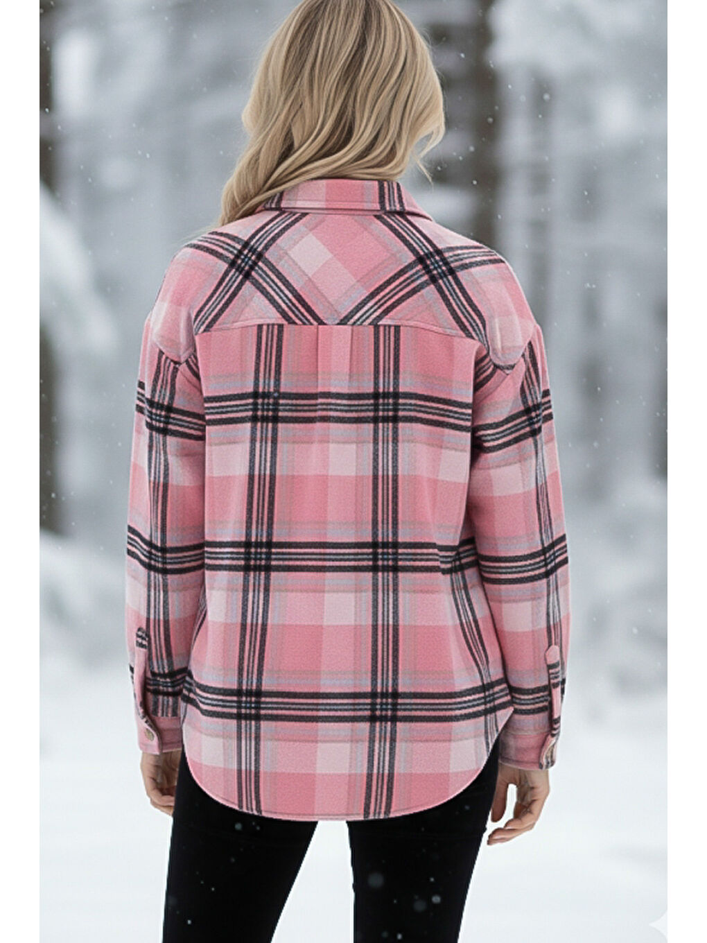 Pembe-Siyah Gömlek Yaka Manşetli Kollu Ekose Çift Kapaklı Cepli Kalın Oversize Dokuma Gömlek 68 66-1