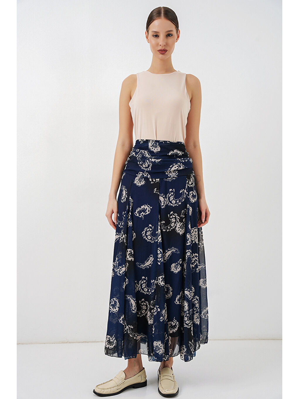 Kadın Desenli Şifon Etek 8057 - Lacivert-2