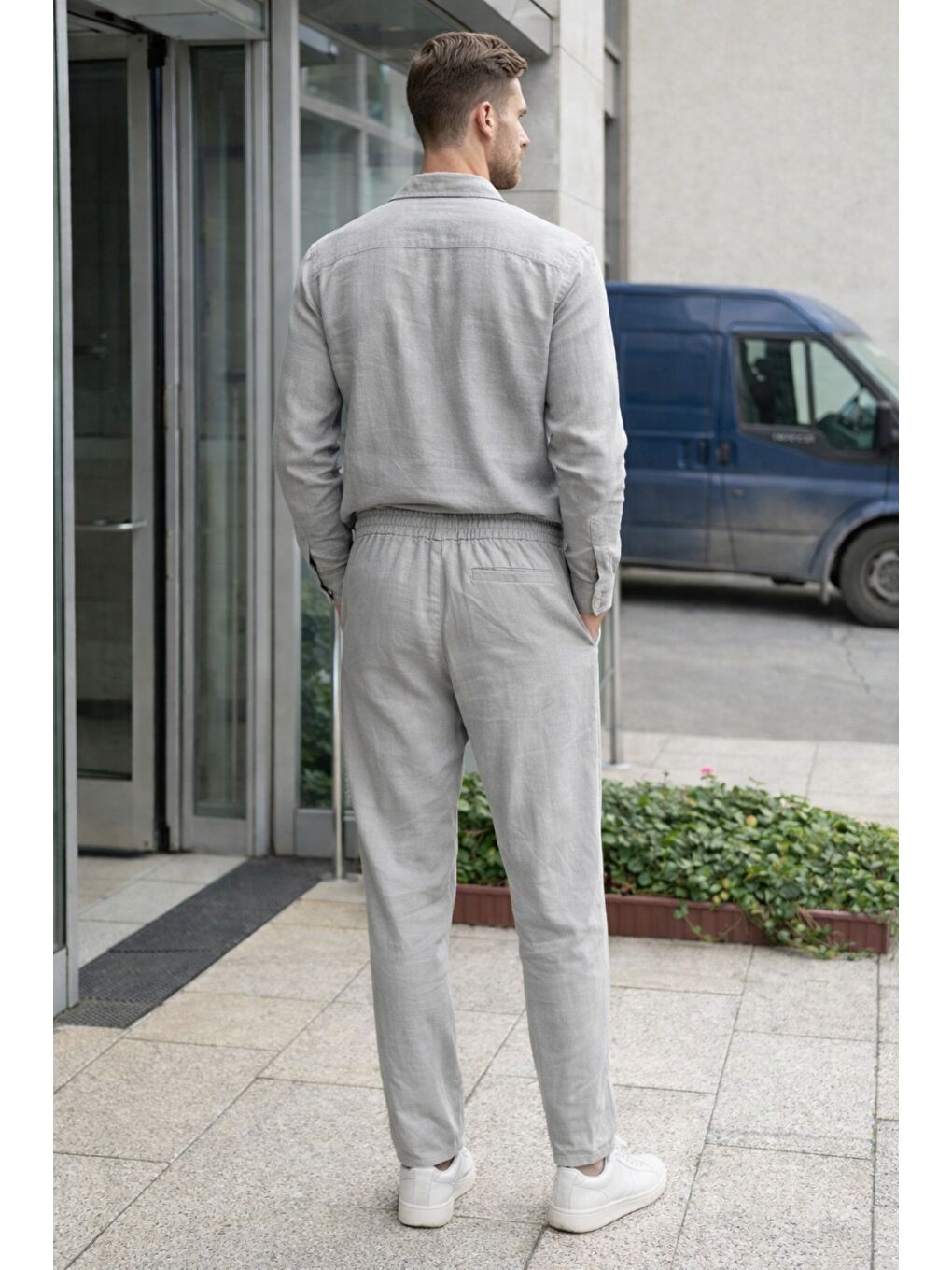 Gri Erkek Oversize Keten Takım Salaş Kesim Gömlek Pantolon Yazlık Kombin-1
