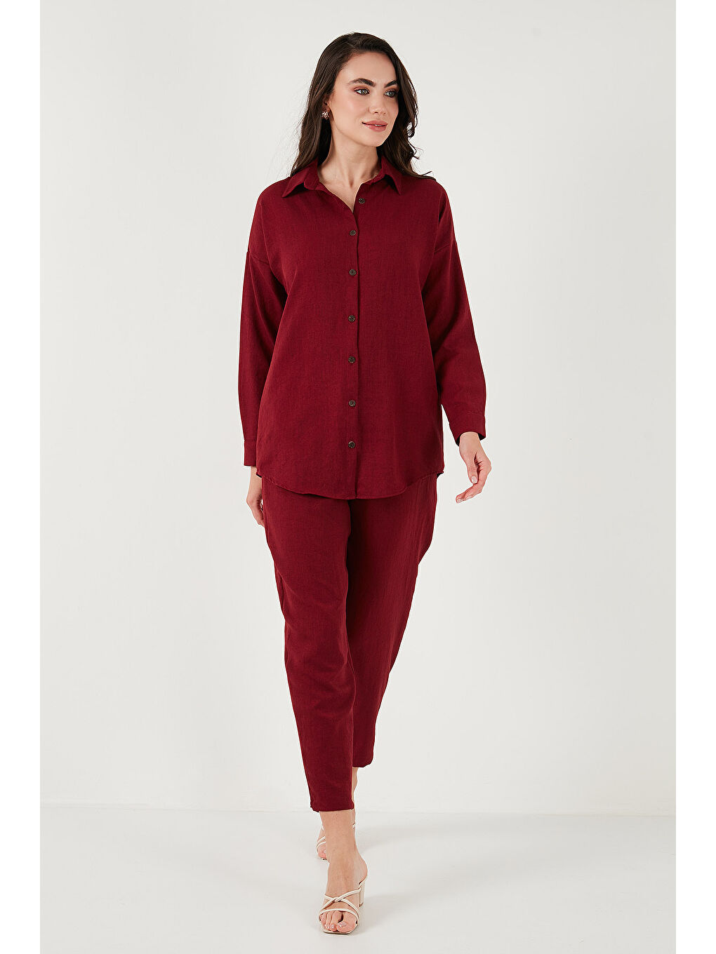 Bordo Keten Karışımlı Regular Fit Lastikli Bel Uzun Kollu Kadın Alt Üst Takım 6696622-2