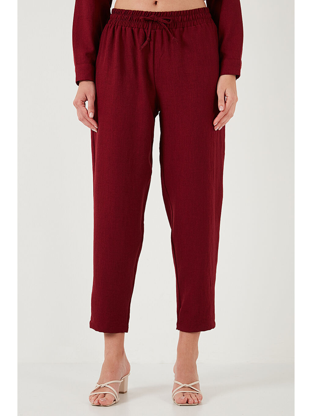 Bordo Keten Karışımlı Regular Fit Lastikli Bel Uzun Kollu Kadın Alt Üst Takım 6696622-3