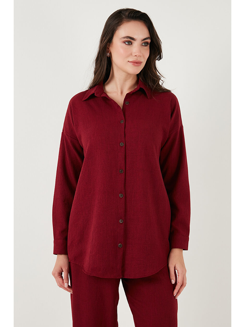 Bordo Keten Karışımlı Regular Fit Lastikli Bel Uzun Kollu Kadın Alt Üst Takım 6696622-4