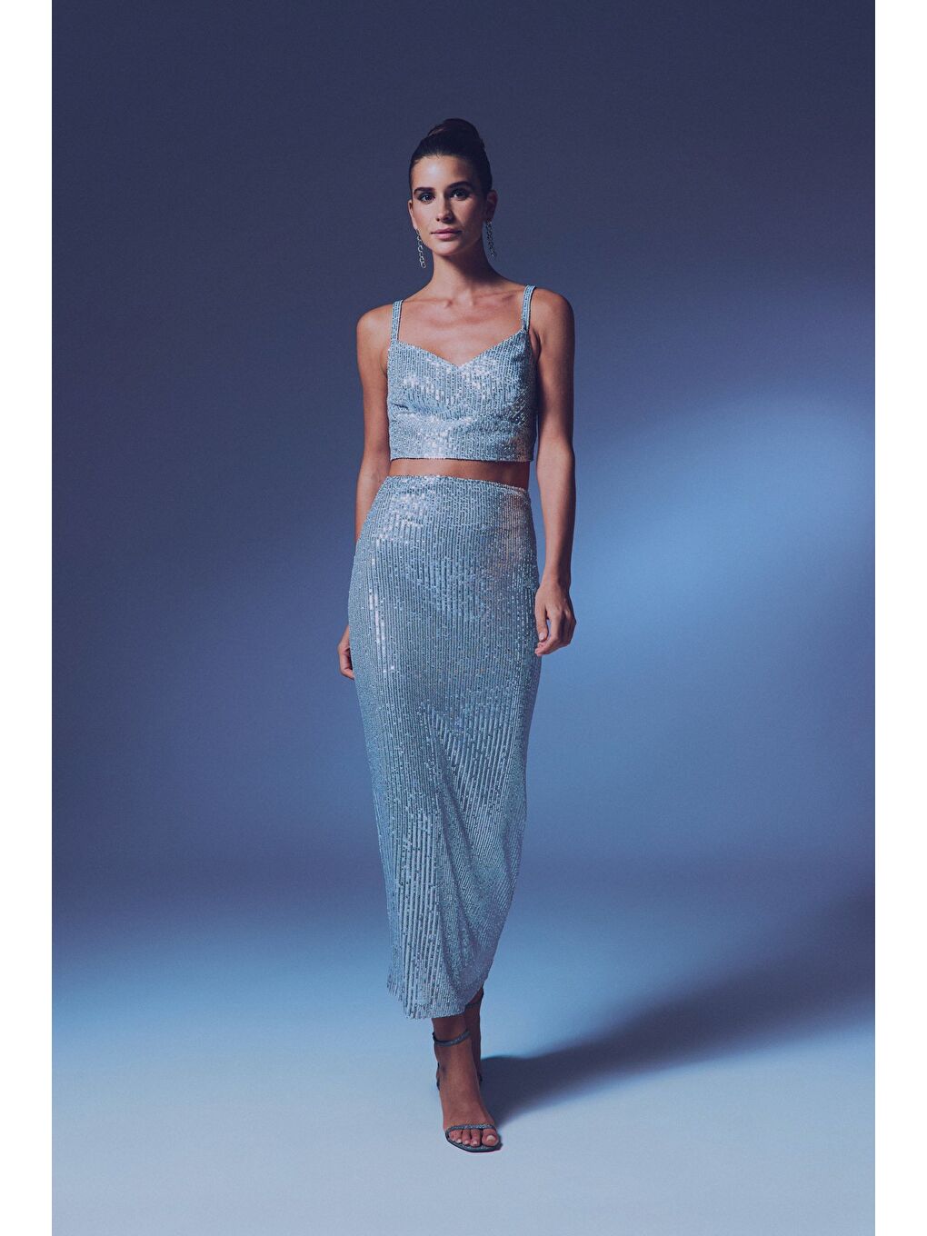 Gri Fermuarlı Karolin Midi Etek - Gümüş-1