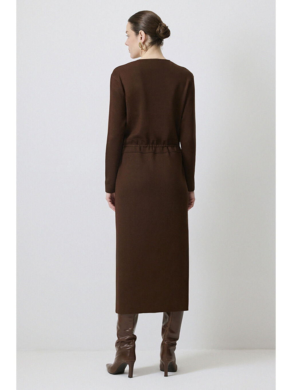 Kahverengi Gold Düğmeli Triko Elbise-3