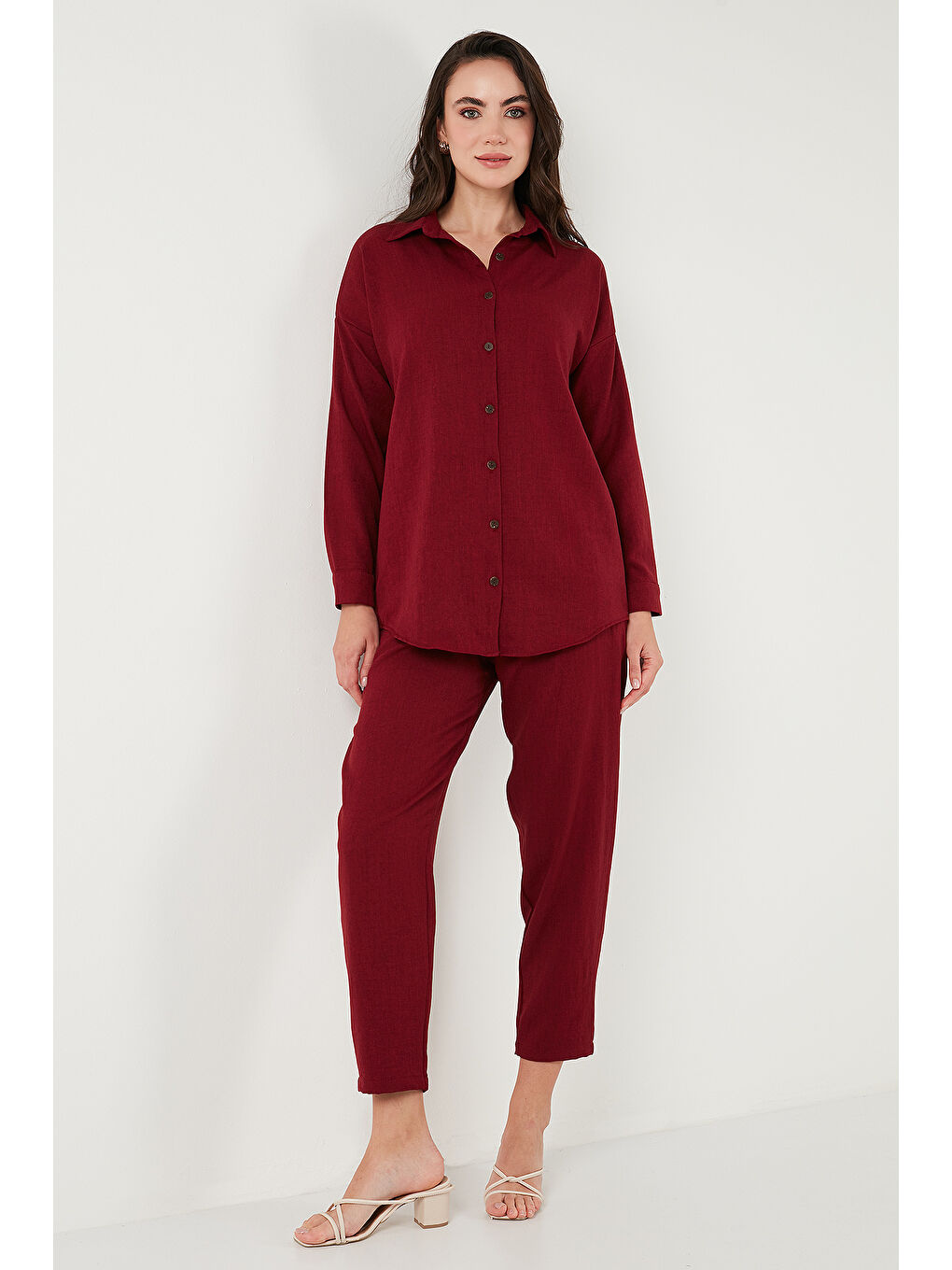 Bordo Keten Karışımlı Regular Fit Lastikli Bel Uzun Kollu Kadın Alt Üst Takım 6696622-5